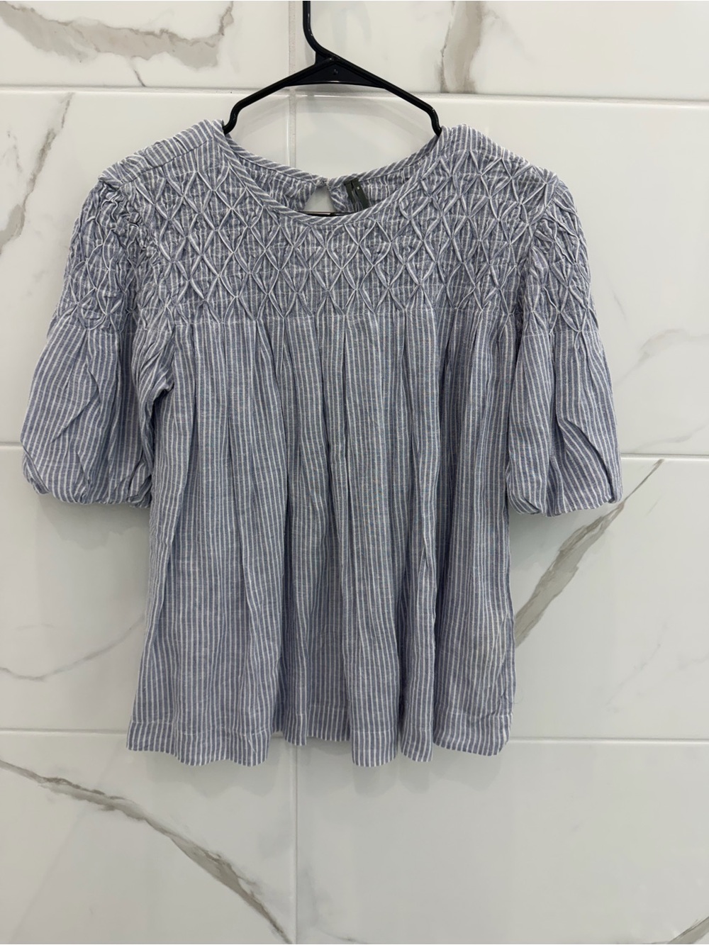 Anthropologie Striped Smocked Short-Sleeve Top - Blue